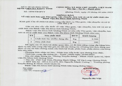 Mời báo giá thu gom, vận chuyển, lưu trữ và xử lý chất thải của Bệnh viện Đa khoa tỉnh (1894)