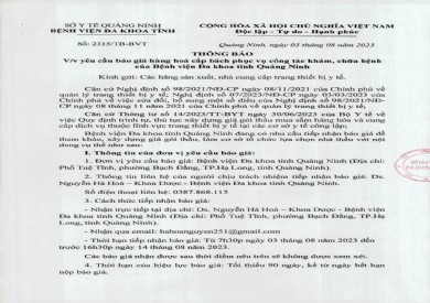 Thông báo yêu cầu báo giá hàng hóa phục vụ công tác khám, chữa bệnh (2315)