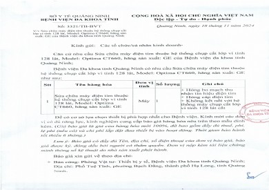 Thông báo sửa chữa máy điện tim thuộc hệ thống chụp CLVT 128 lát (3321)