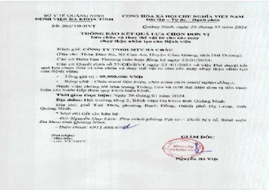 Thông báo kết quả lựa chọn đơn vị sửa chữa và thay thế vật tư cho các máy chạy thận nhân tạo của Bệnh viện (262)