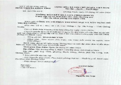 Thông báo kết quả lựa chọn đơn vị cung cấp vật tư, linh kiện sửa chữa thường quy cho các khoa phòng của Bệnh viện (263)