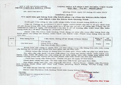 Mời báo giá hàng hoá cấp bách phục vụ công tác khám chữa bệnh (602)