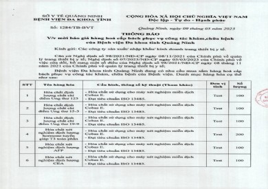 Mời báo giá hàng hoá cấp bách phục vụ công tác khám chữa bệnh (1284)