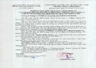 Thông báo kết quả lựa chọn đơn vị thi công lắp đặt biển hộp đèn, in phông bạt, băng zoon, poster phục vụ chuyên môn của Bệnh viện Đa khoa tỉnh Quảng Ninh (318)