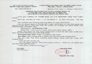 Thông báo kết quả lựa chọn đơn vị cung cấp máy cắt và hàn túi tự động cho khoa Kiểm soát nhiễm khuẩn của Bệnh viện (1022)
