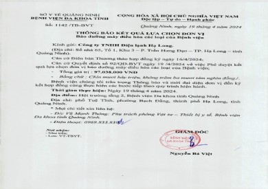 Thông báo kết quả lựa chọn đơn vị bảo dưỡng máy điều hòa các loại của Bệnh viện (1142)