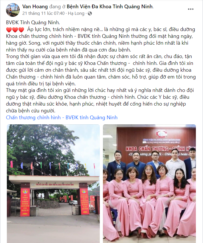 Thư cảm ơn khoa Chấn thương chỉnh hình